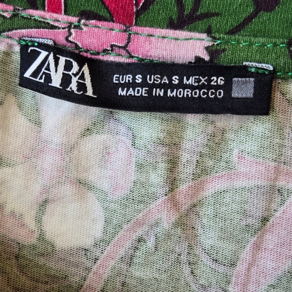 Zara Womens Floral Puff Sleeve Top Cotton Casual Boho Green Pink Size S - Picture 5 of 10